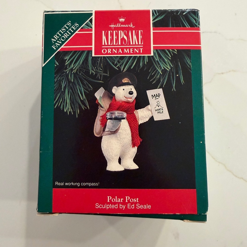 1992 Hallmark Keepsake Polar Post Ornament Ed Seale Polar Bear Working Compass